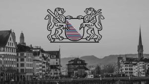 Schwarz-weiss-Bild Altstadt Zürich mit Zürcher Wappen in trans Farben